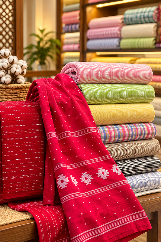 Colourful folded fabrics and a vivid red printed textile in the Raghukul Fabrics store