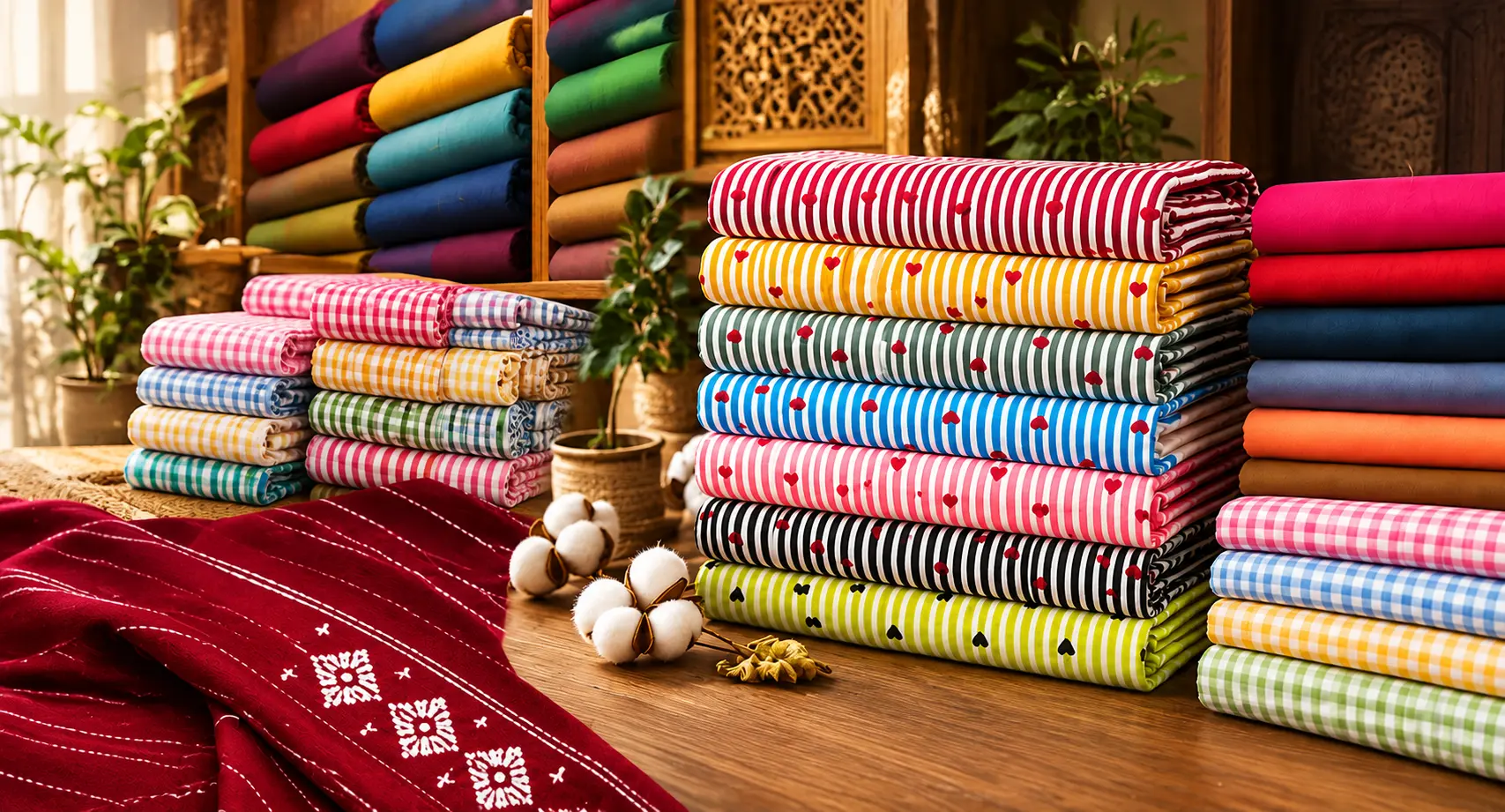 A colourful selection of premium fabrics, including checks, stripes, solids and traditional prints